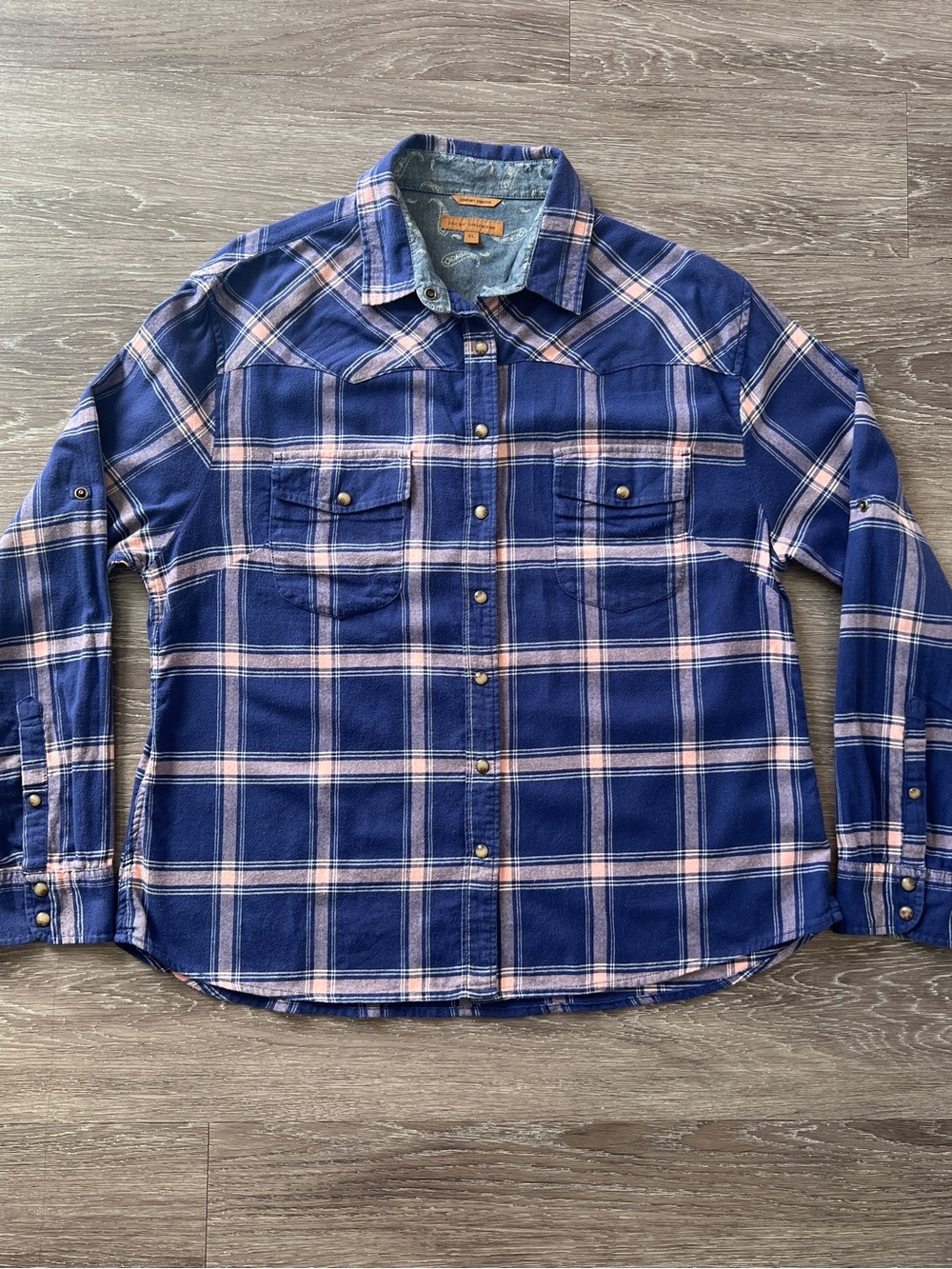Jachs Girlfriend XL Blue Pink Plaid Western Snap Shirt Cotton Stretch Flannel - Picture 2 of 15